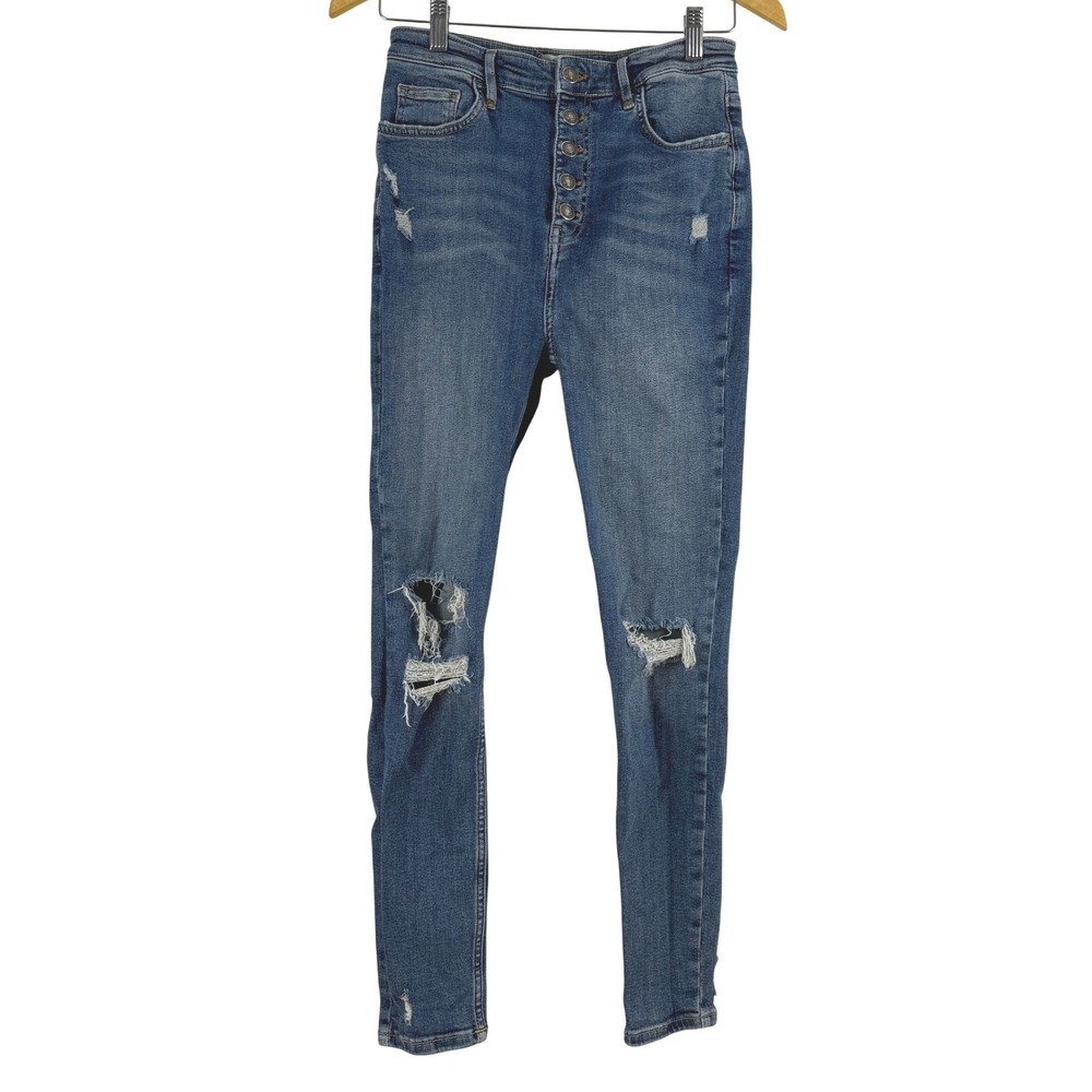 We The Free‎ High Rise Button Fly Skinny Jeans Ripped Distressed Blue Wash 29